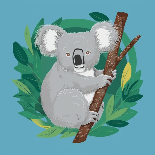 медведь коала с открытым ртом сидит на ветке с зеленым фоном