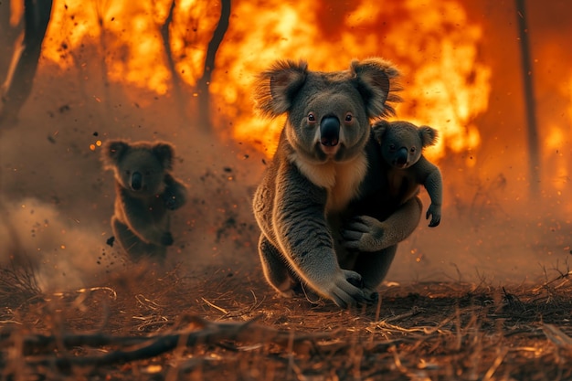 Koala-beer met welpen die ontsnappen aan een bosbrand Concept van bosbrandgevaar