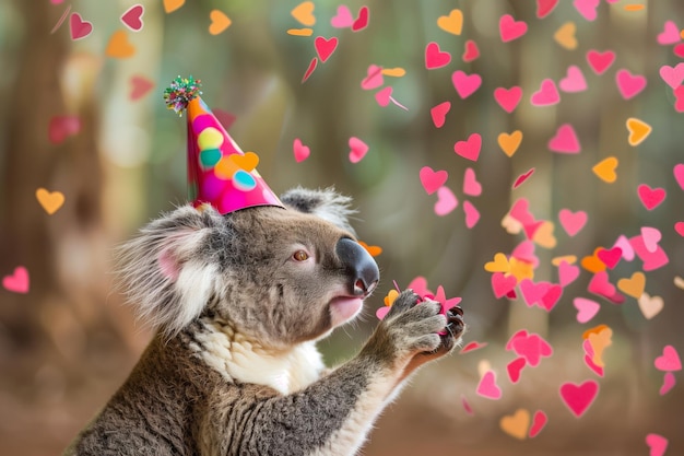 Koala at a birthday party party hat on holding heart confetti