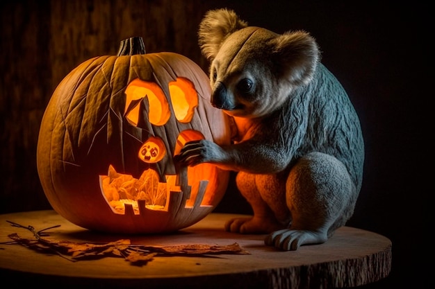 Koala celebrates Halloween with a pumpkin AI generated content