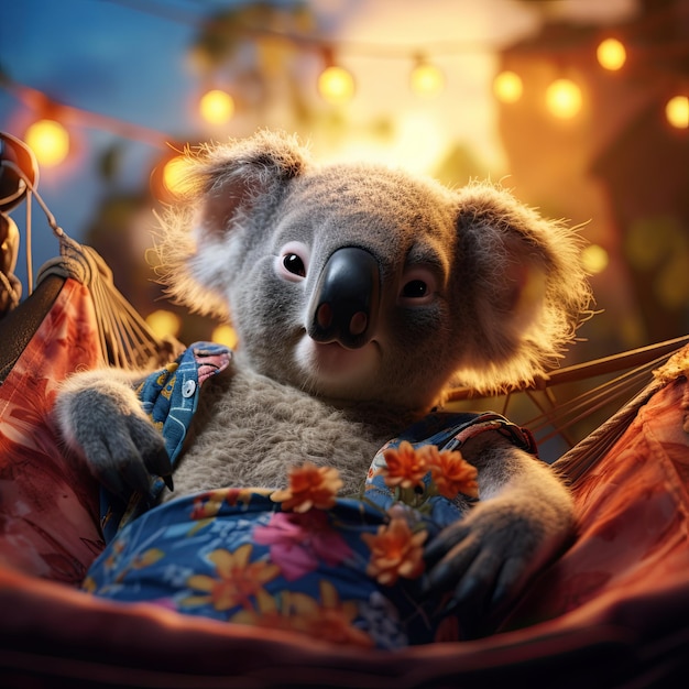 Photo a koala in a floral shirt lounges on a hammock enjoying a lazy sunny afternoon