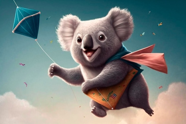 Koala flying a kite in the wind and clouds in autumn AI generated Content