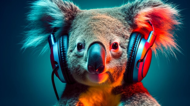 Koala in headphones leastening music Generative AI