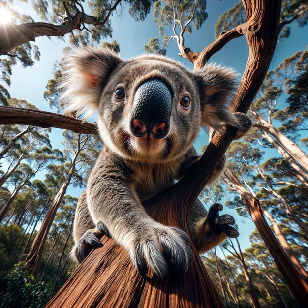 a koala is hanging on a tree with the sun shining through the trees