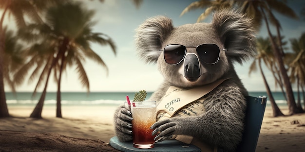 Koala is op zomervakantie in badplaats en ontspant op zomerstrand