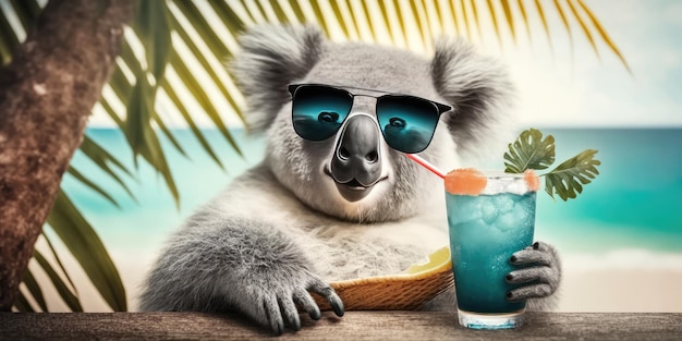 Koala is op zomervakantie in badplaats en ontspant op zomerstrand