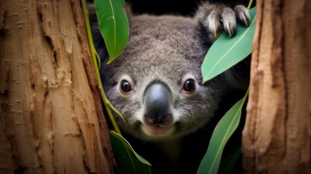 A koala is peeking out from behind a tree