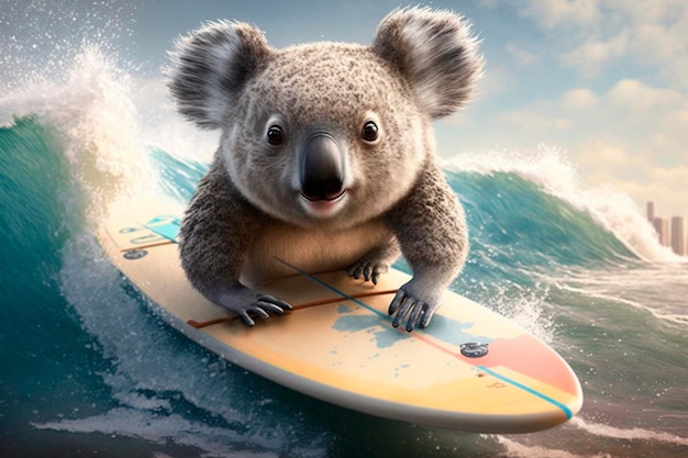 A koala is on a surfboard in front of a wave.