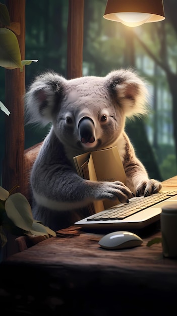 Koala is working at the computer