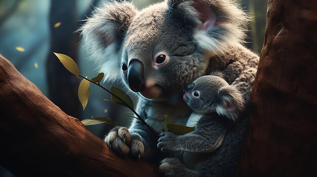 Foto koala-moeder kust de wang van baby-koala