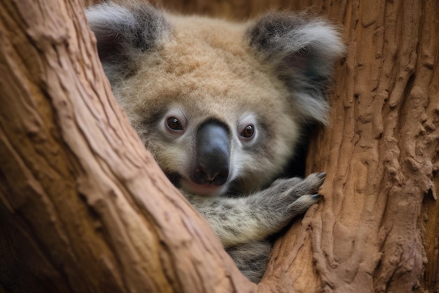 Koala mother hugging her baby in a eucalyptus tree