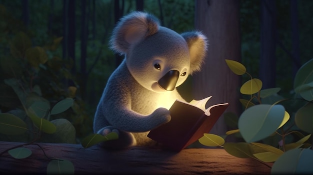 A koala reads a book in a dark forest.