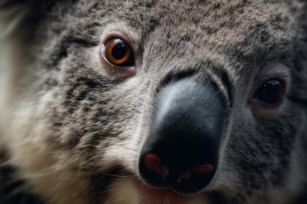 A koala's face is shown with a black nose.