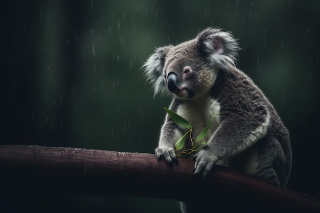 Коала сидит на ветке под дождем.