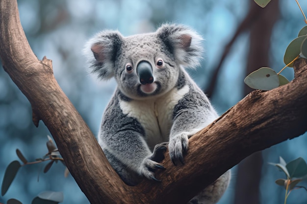 A koala sits on a branch in a tree.