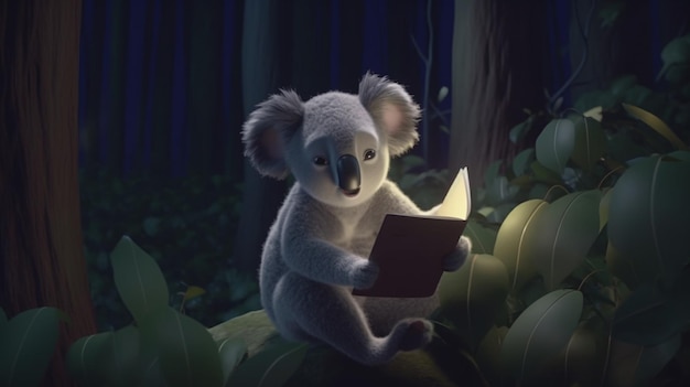 A koala sits in a dark forest reading a book.