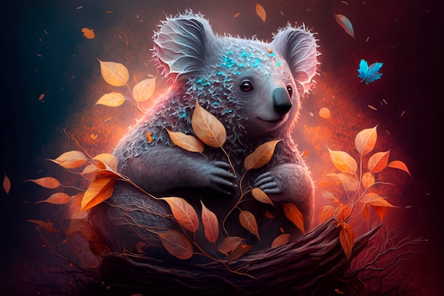 A koala sits in a nest with leaves and a butterfly.