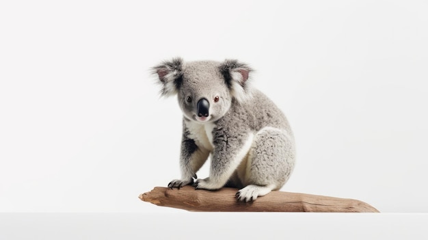 A koala sits on a piece of wood.