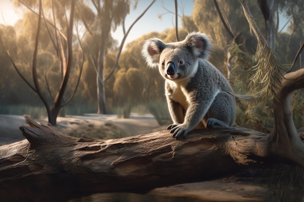 A koala sits on a tree branch in a forest.