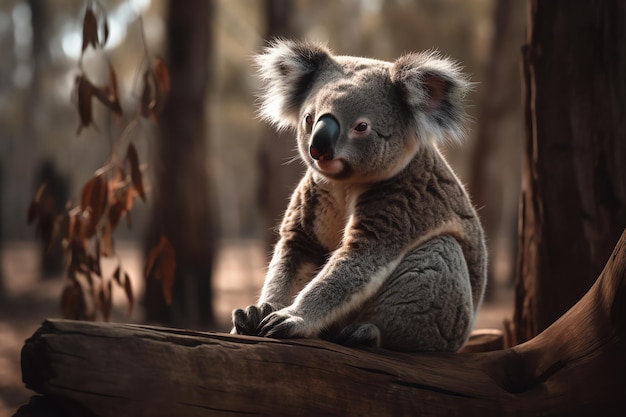 A koala sits on a tree trunk in a forest.