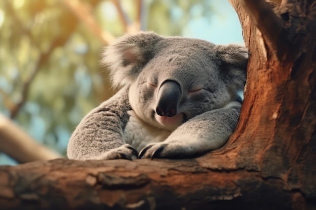 Koala slaapt in een boom met een zon erachter