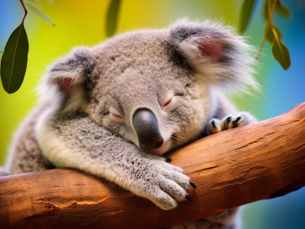 Koala sleeping on eucalyptus branch