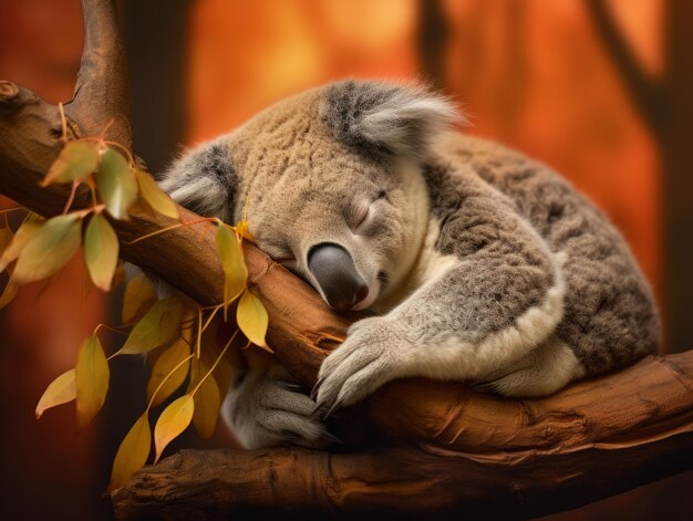 Koala sleeping on eucalyptus branch