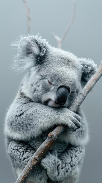 Koala Sleeping on SnowCovered Tree Branch