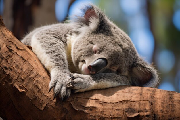 a koala sleeping on a tree branch