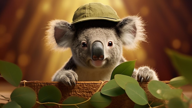 Photo a koala in small eucalyptus leaf hat ar background