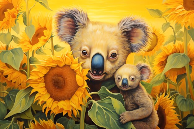 Koala standing in sunflower field