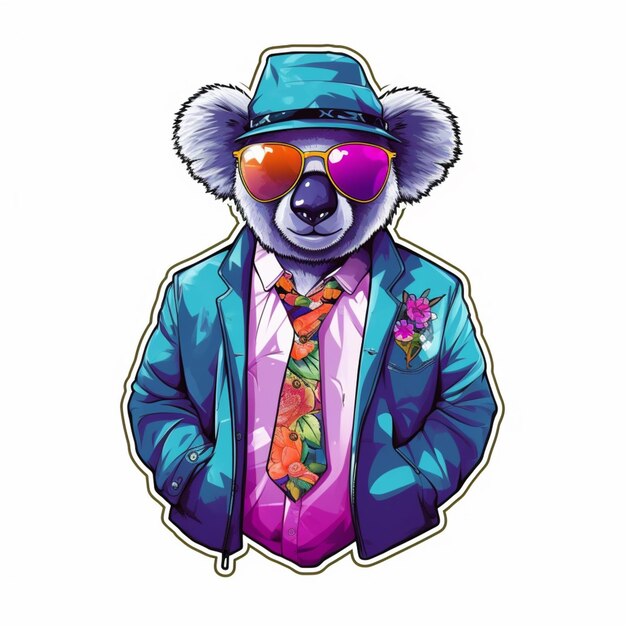 A koala in a suit and hat with a flower on his chest.