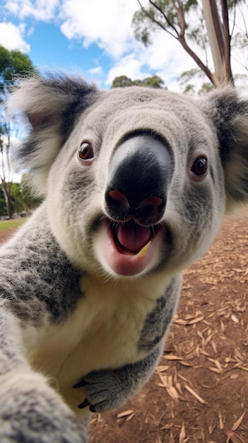 Koala touches camera taking selfie Funny selfie portrait of animal