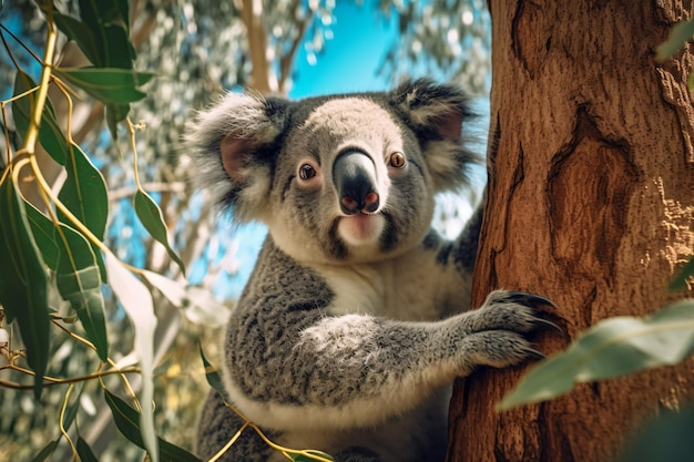 A koala in a tree with its tongue out