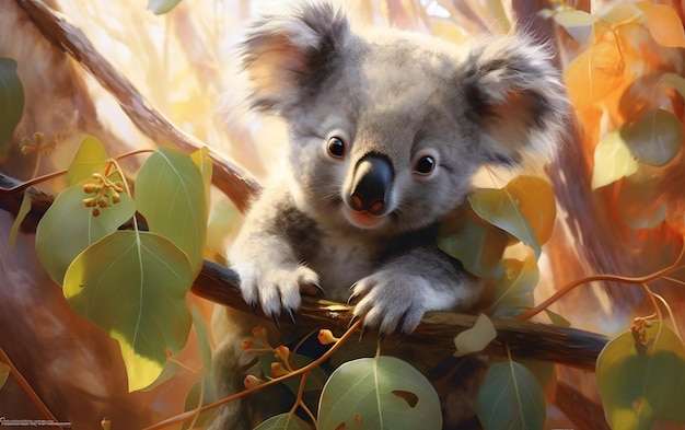 A koala in a tree with leaves