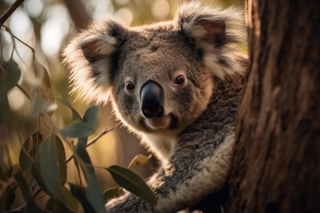 A koala in a tree with a light green background