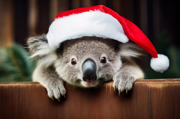 Photo a koala wearing a father christmas festive hat cute holiday season animal