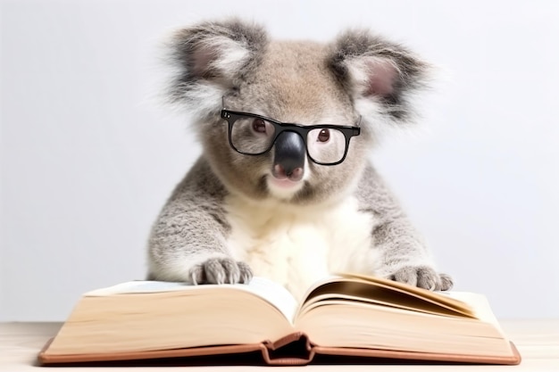 a koala wearing glasses reading a book