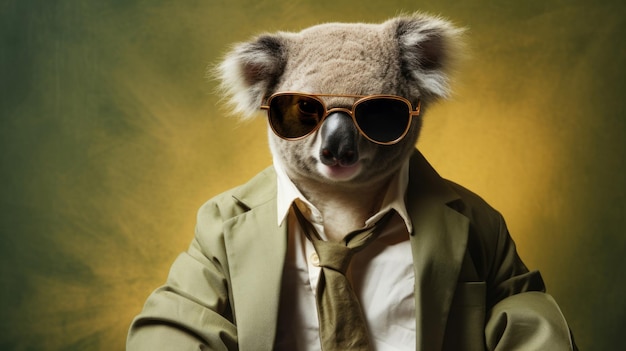 Koala wearing glasses and suit for office style or business against a green background