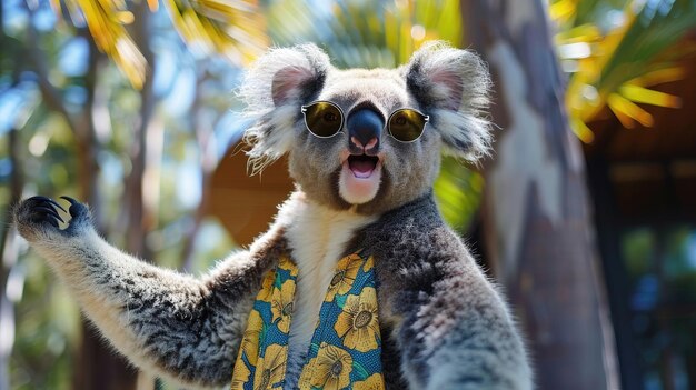 A koala wearing sunglasses and a Hawaiian shirt is posing for a picture