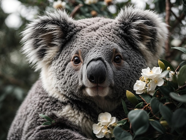 美しい黒と白の花をかせたコアラ