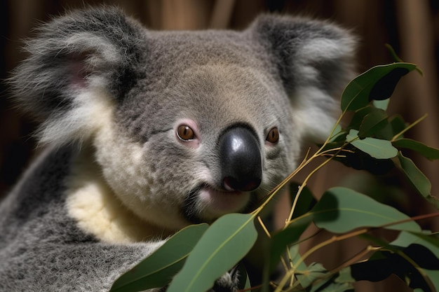 A koala with a black nose is sitting in a tree.