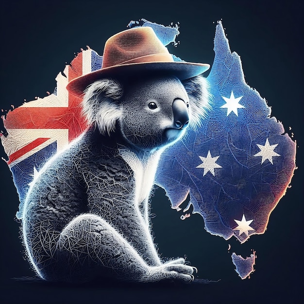 カウボーイの帽子をかぶったコアラ オーストラリアの国旗 地図 オーストラリアの日 祝い