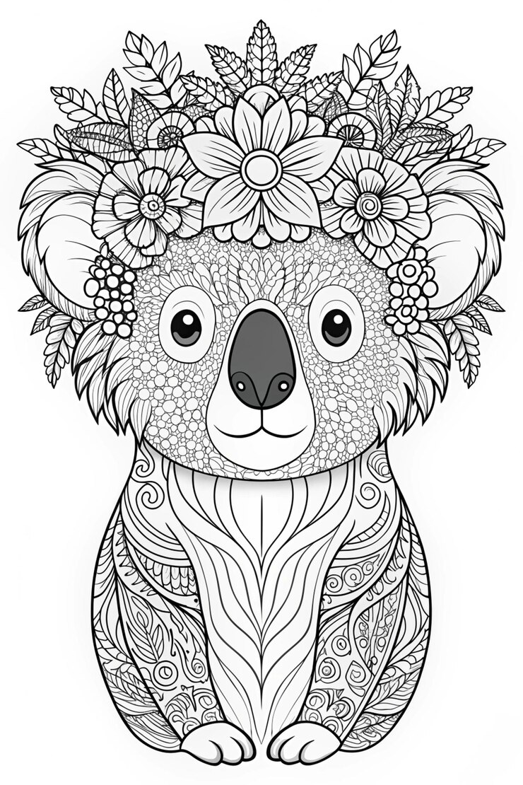 Photo koala with flower crown cute and festive coloring outline