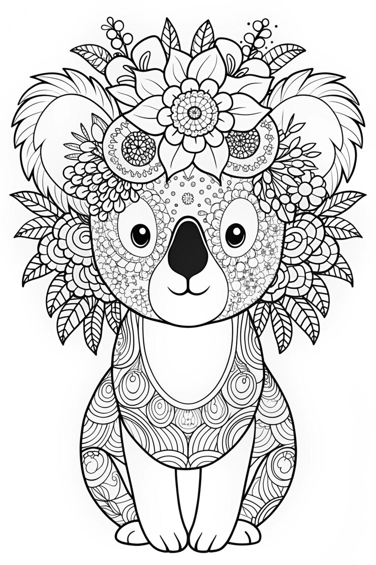 Photo koala with flower crown cute and festive coloring outline