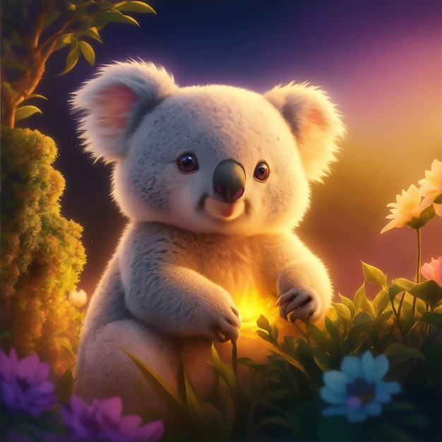 Koala with magical night flower detailed