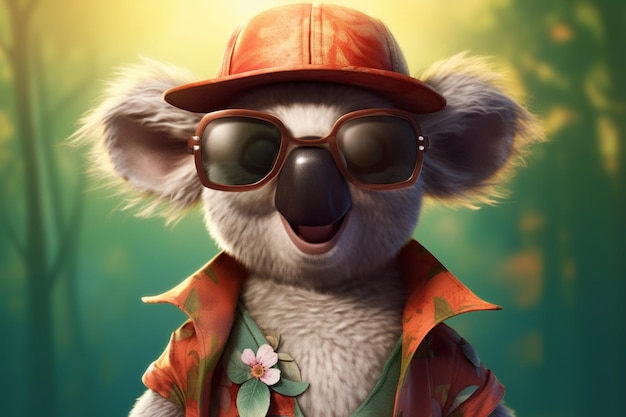 A koala with sunglasses and a hat