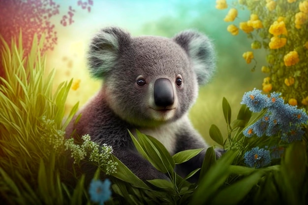 Koala zit in het voorjaar op een groene weide tussen bloemen AI gegenereerde inhoud