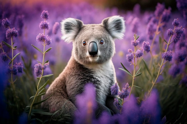 Koala zittend in een lavendelveld vol lavendelbloem gegenereerde inhoud