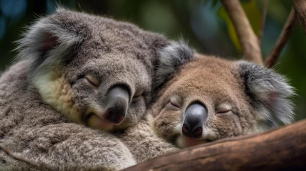 Koalas cuddle together in a tree